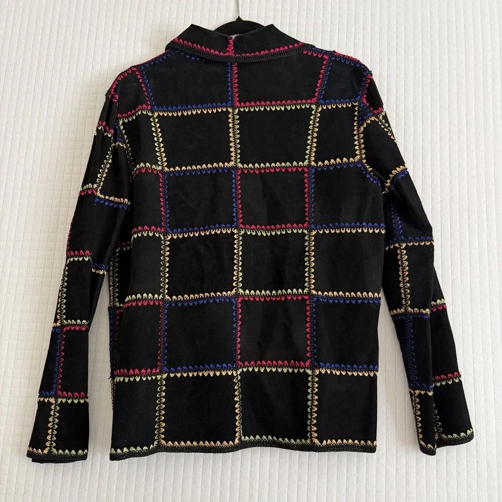 Patchwork Suede Leather Jacket Black Medium Colorful Vtg Boho Crochet Funky 90s